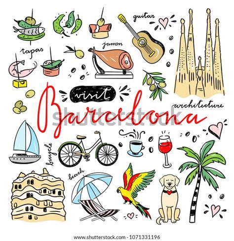Barcelona Cute Icons Set Visit Spain Stock Vector Royalty Free