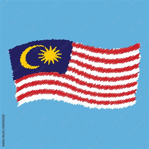 Malaysia National Flag Jalur Gemilang Flying Grunge Pencil Drawing Sketching Isolated Vector