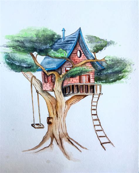 Treehouse Watercolour Painting In 2021 Tree House Drawing Tree