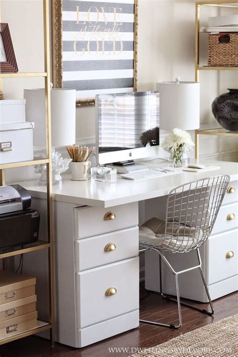 Let's take a look at some ideas and inspiration for decorating your own black and white home office. White, black, & gold office | White office decor, Home ...