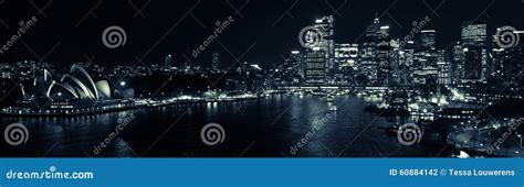 Sydney Harbour By Night Panorama In Black And White Editorial