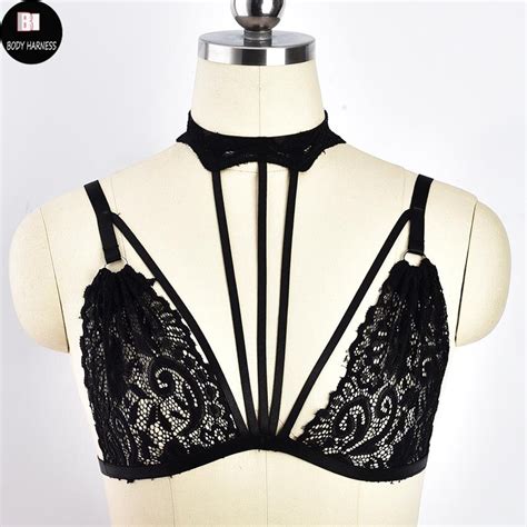 Black Lace Body Harness See Through Soft Bralette Goth Body Cage