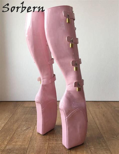 sexy ballet high heel wedges boots knee 18cm 10 keys lockable boot hoof heelless fetish light