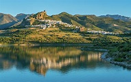 Panoramic sight of the beautiful Zahara de la Sierra, province of Cadiz ...