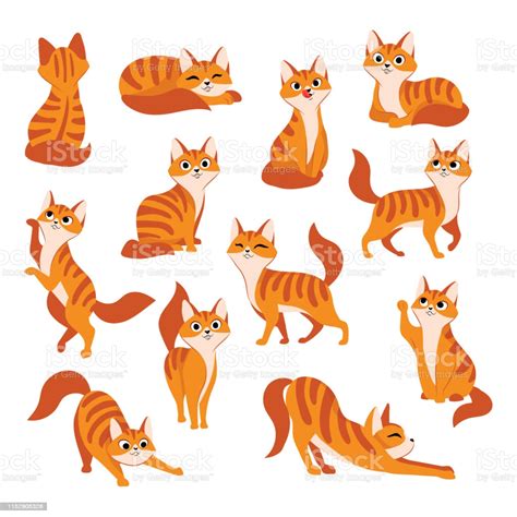 Red Cute Cat In Different Poses Vector Cartoon Flat