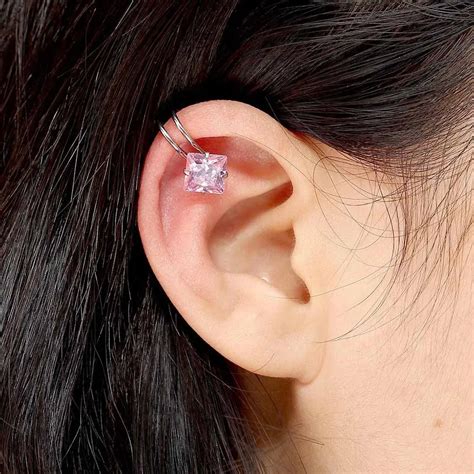 2pcs Square Crystal Surgical Steel Cartilage Helix Clip On Ear Cuff