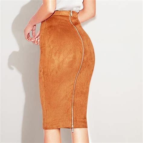 Suede Midi Skirt High Waist Skirt Two Way Zipper Through Pencil Skirt