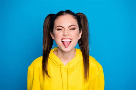 Closeup Photo Of Funny Attractive Lady Funny Two Tails Hairdo Funny Girlish Sticking Tongue Out