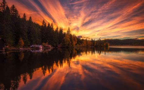 Sunset Scenery River Houses Trees Water Reflection Wallpaper