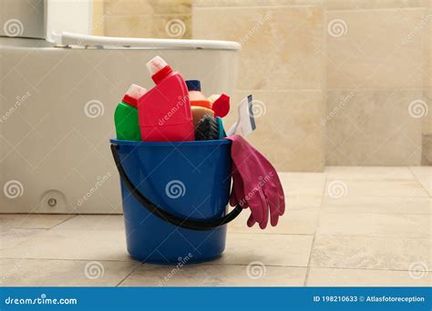 Bucket With Cleaning Products In Modern Bathroom Stock Image Image Of