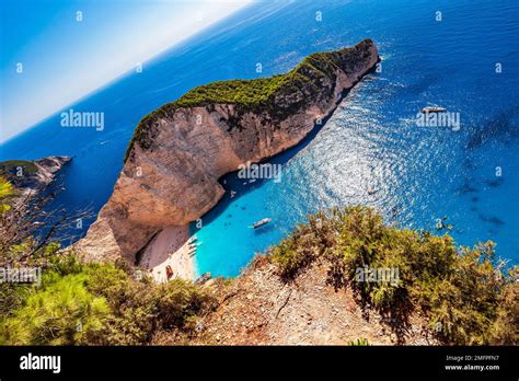 Scenic High Angle Panoramic View Of The Famous Navagio Shipwreck Beach