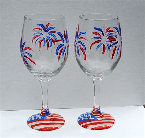 Fireworks Usa American Flag Hand Painted Stemmed Wine