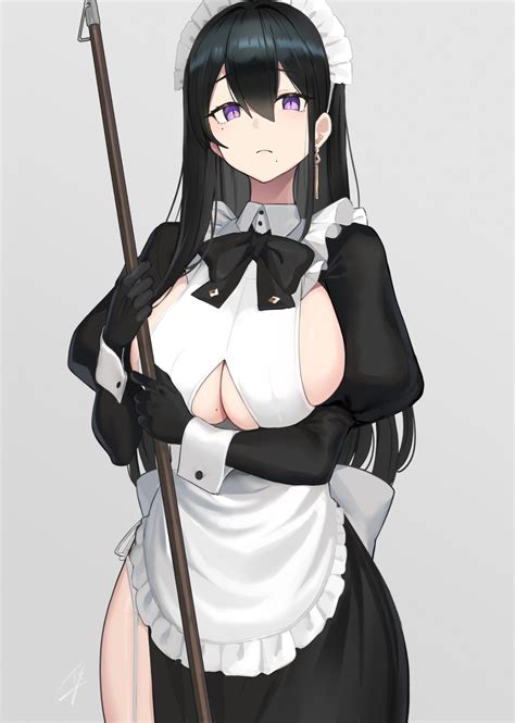 big boobs cleavage hayabusa artist anime anime girls maid maid outfit simple background