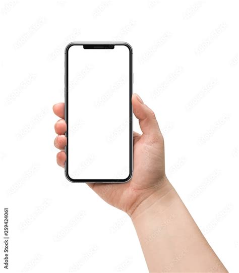 Hand Holding Smart Phone With Blank Screen Isolated On White Template Mockup Stock Foto