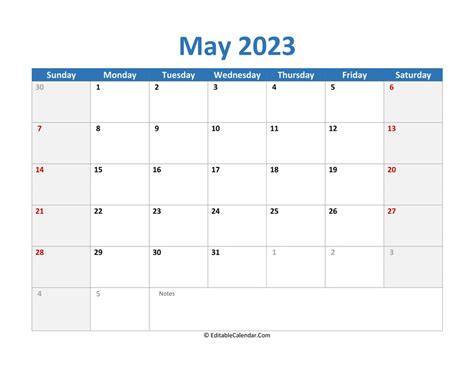 Download 2023 Printable Calendar May Word Version