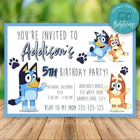 Bluey Themed Birthday Party Invitation Digital Printable Mail