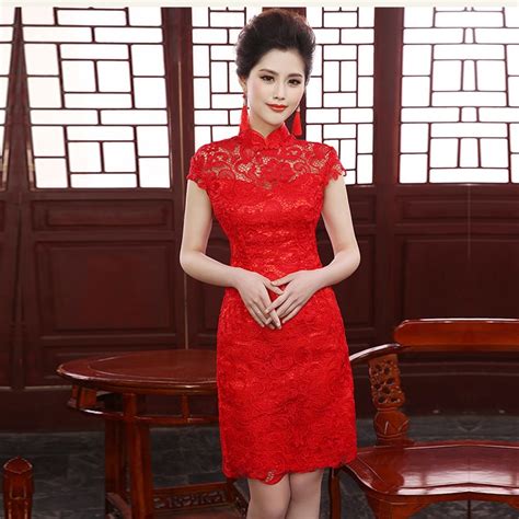 Red Sexy Qipao Lace Modern Cheongsam Dress Short Qi Pao Mini Bride Traditional Chinese Evening