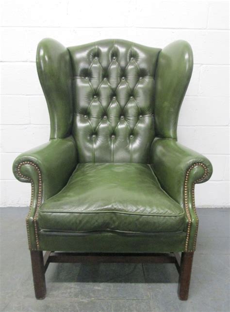 Vintage Green Leather Tufted Wingback Chair At 1stdibs