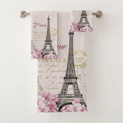 Vintage Pink Paris Eiffel Tower Romantic Collage Bath Towel Set