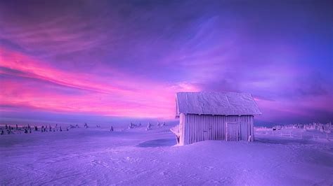 1920x1080px 1080p Free Download Snow Covered Hut In Purple Prairie