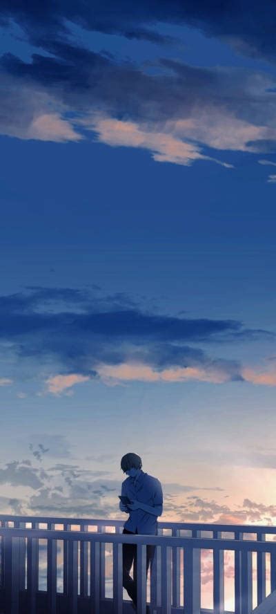 Download Aesthetic Anime Boy Bridge Blue Sky Wallpaper