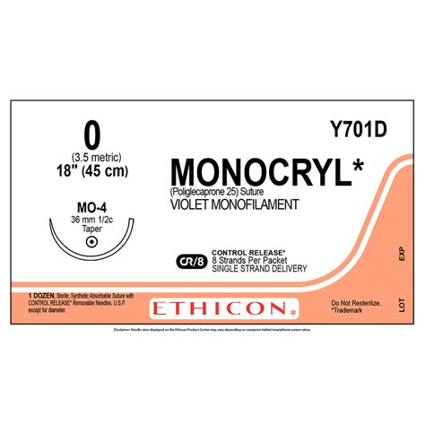 Ethicon Suture Monocryl Taper Point Mo 4 8 18 Size 0 Id Y701d