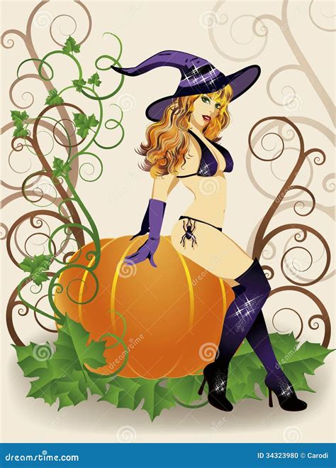 Halloween Sexy Witch With Spider And Pumpkin Stock Photo Image