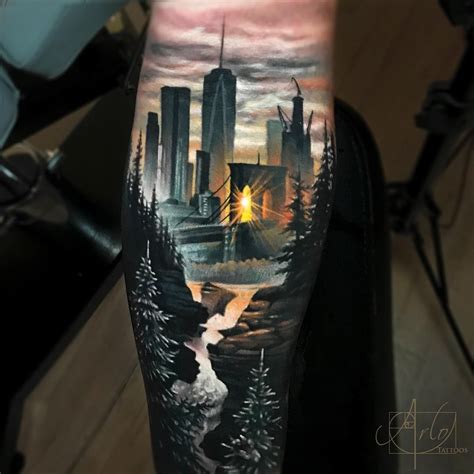 Landscape Tattoo By Arlo Dicristina City Tattoo Cool Tattoos New