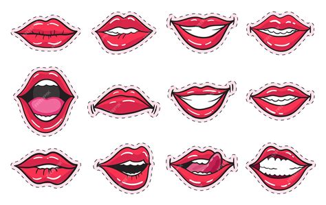 Premium Vector Comic Female Red Lips Stickers Set Women Mouth With
