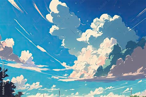 Blue Sky With Paired Clouds In Anime Style Ai Generated Ilustração Do