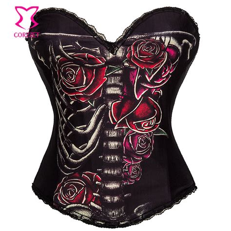 Skeleton And Red Rose Floral Prints Gothic Corselet Overbust Sexy Corsets And Bustiers Burlesque