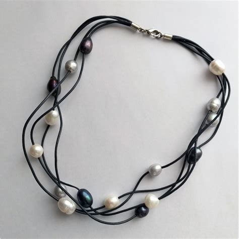 Multi Color Natural Freshwater Pearl Necklace With Black Leather Cord