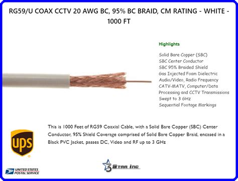 Rg59u Coax Cctv 20 Awg Bc 95 Bc Braid Cm Rating White 1000 Ft
