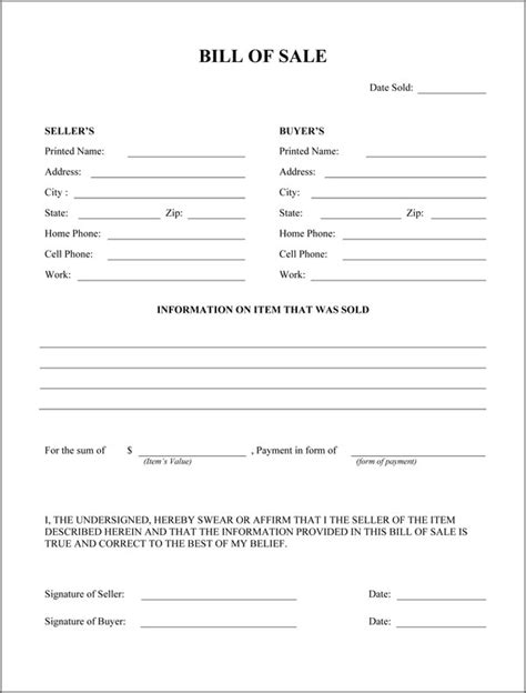 Free Printable Bill Of Sale Camper Form Generic