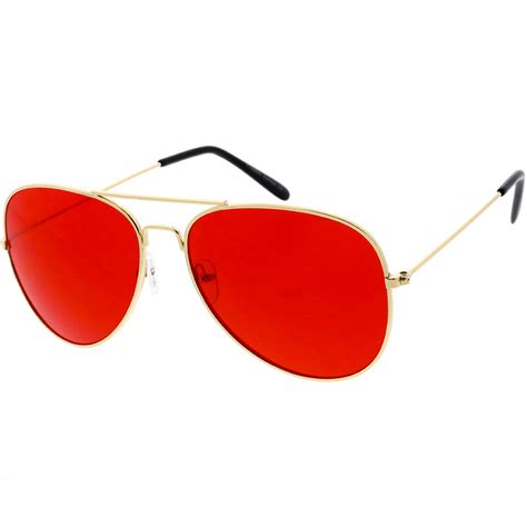 Retro Unisex Large Red Tinted Lens Metal Aviator Sunglasses Zerouv