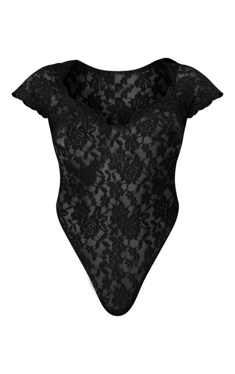 shape black lace short sleeve cut out bodysuit prettylittlething usa