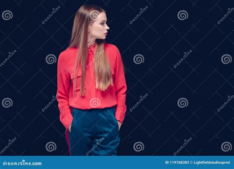 Beautiful Woman In Red Shirt Standing Stock Image Image Of Gorgeous