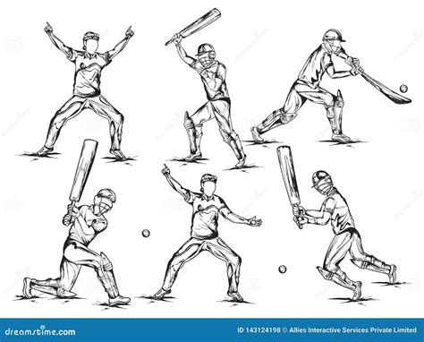 Hand Drawn Illustration Of Cricket Players In Playing Action For