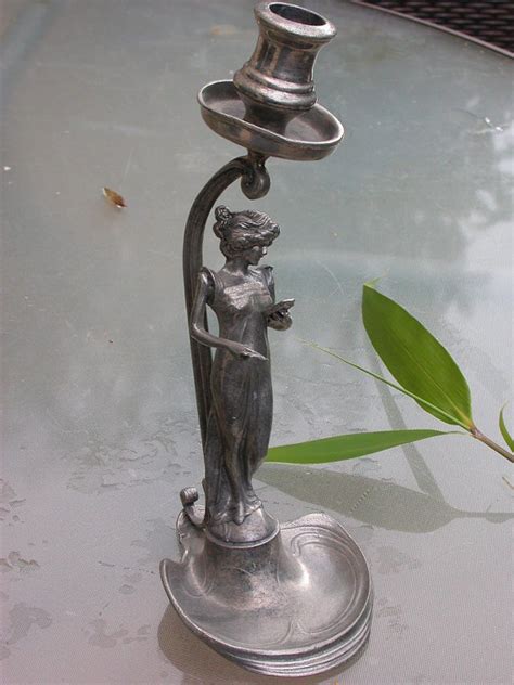 French Antique Art Nouveau 1910s Heavy Metal Candle Stick Candle Holder
