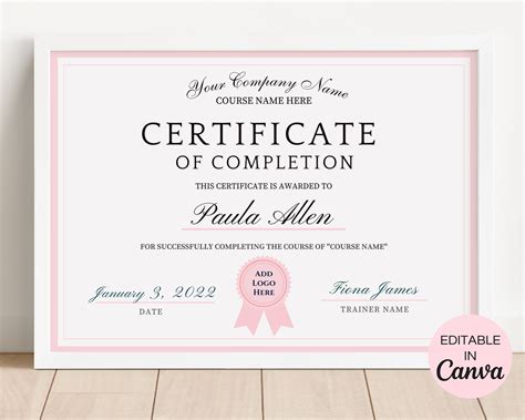 Certificate Of Completion Template Editable Beauty Course Etsy Australia