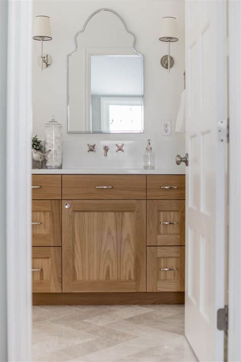 White Oak Custom Bathroom Vanity White Countertops Scalloped Mirrors
