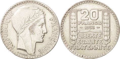France 20 Francs 1933 Paris Coin Turin Paris Silver Km879 Au50 53