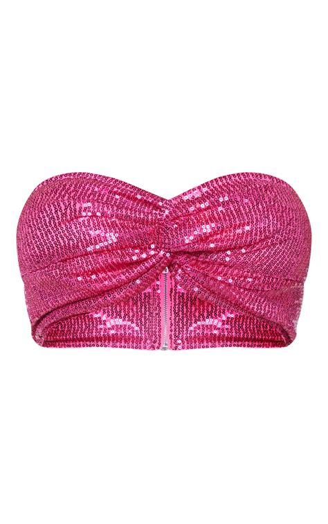 Shape Hot Pink Sequin Twist Bandeau Crop Top Prettylittlething Usa