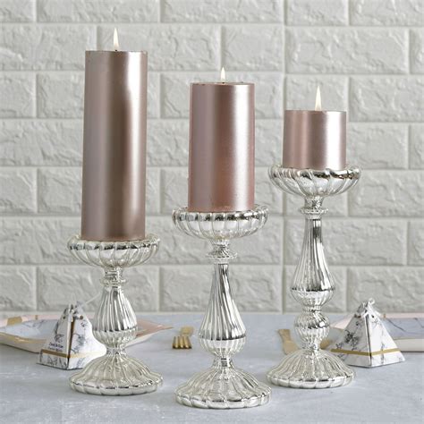 Efavormart Set Of 3 Silver Mercury Glass Pillar Candle Holders 7 8 5 10
