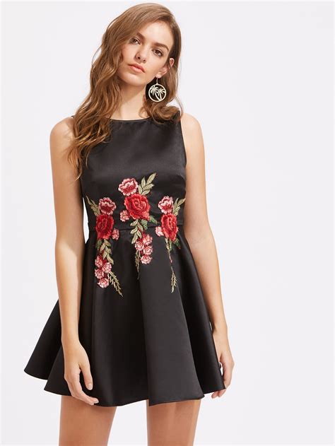 Embroidered Flower Patch Bow Tie Back Fit And Flare Dress Emmacloth Women Fast Fashion Online