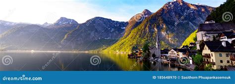 Panorama View Of Landscape Which Famous Hallstatt Mountain Village And