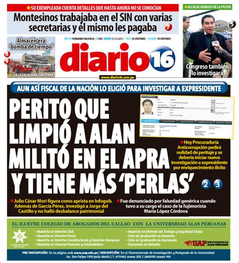 Periódico Diario16 Perú Periódicos De Perú Edición De Jueves 12 De