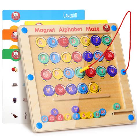 Gamenote Magnetic Alphabet Maze Board With 4 Activity Cards Wooden Matching Letter Game