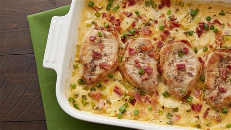 In a baking dish, start layering all other ingredients. pork chops and scalloped potatoes with cream of mushroom soup