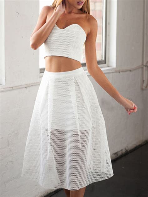 White Strapless Crop Top With High Waist Midi Skater Skirt White